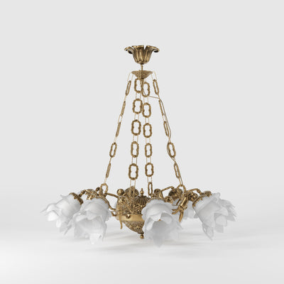 Art Nouveau chandelier with eight dancing brass putti, petal-shaped frosted glass shades, decorated chains and floral rosette by Ghidini 1849 - Finish: OBS Bronze Satin Brass
