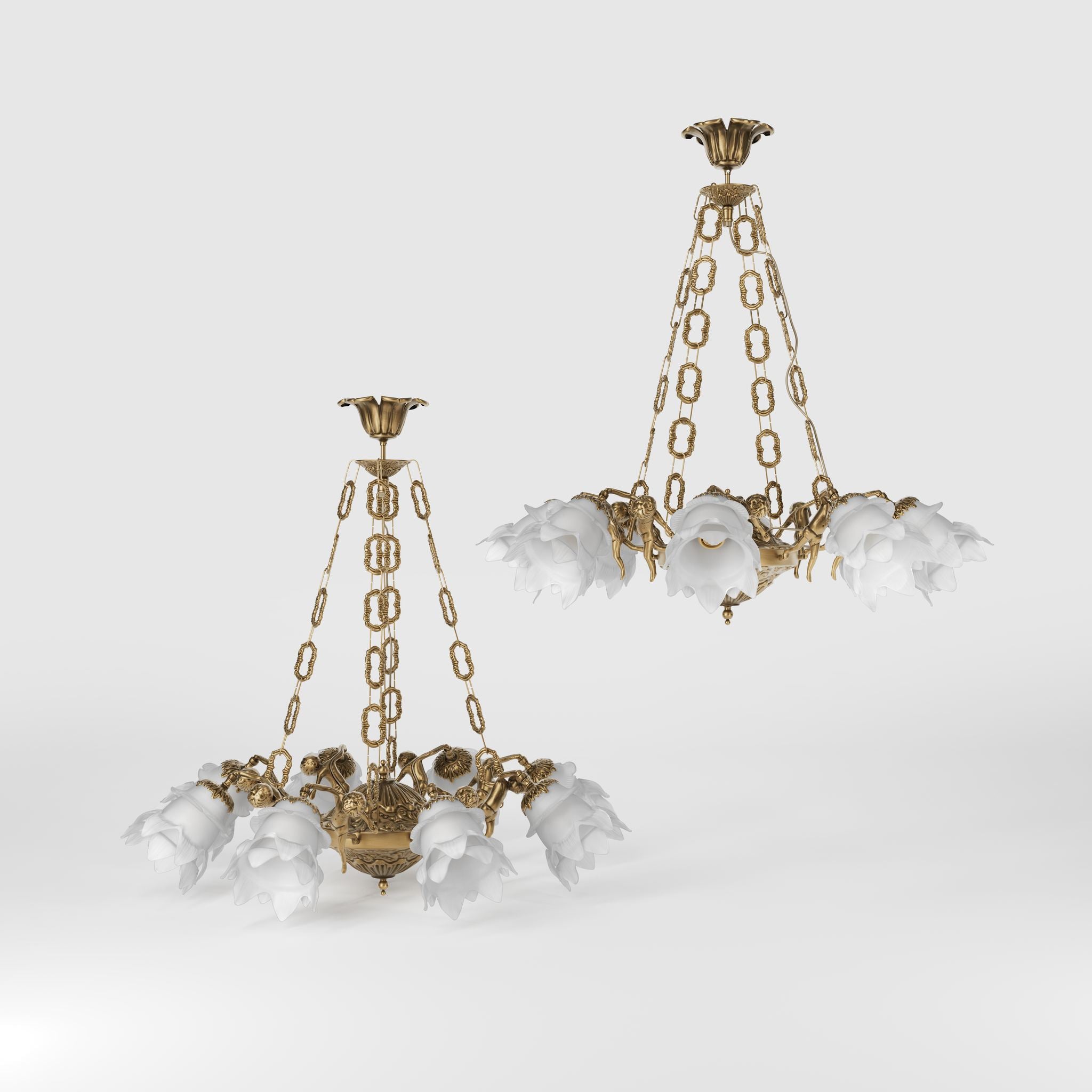 Art Nouveau chandelier with eight dancing brass putti, petal-shaped frosted glass shades, decorated chains and floral rosette by Ghidini 1849 - Finish: OBS Bronze Satin Brass