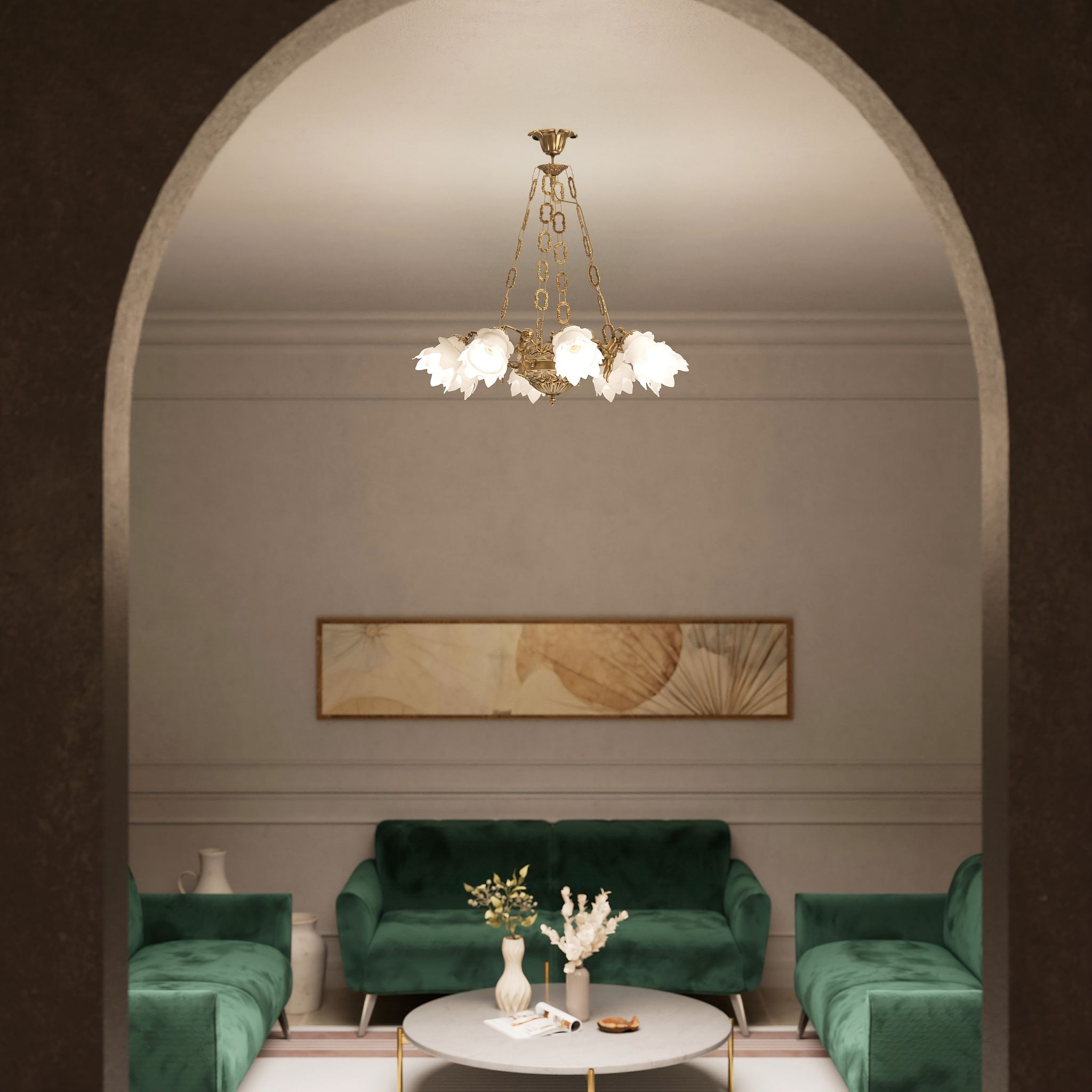 Art Nouveau chandelier with eight dancing brass putti, petal-shaped frosted glass shades, decorated chains and floral rosette by Ghidini 1849 - Finish: OBS Bronze Satin Brass