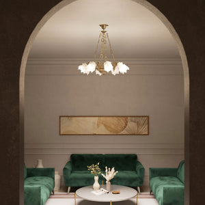 Art Nouveau chandelier with eight dancing brass putti, petal-shaped frosted glass shades, decorated chains and floral rosette by Ghidini 1849 - Finish: OBS Bronze Satin Brass