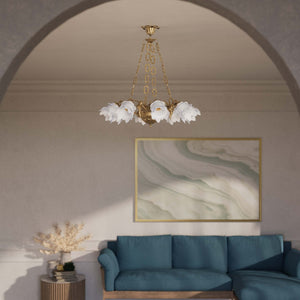 Art Nouveau chandelier with eight dancing brass putti, petal-shaped frosted glass shades, decorated chains and floral rosette by Ghidini 1849 - Finish: OBS Bronze Satin Brass