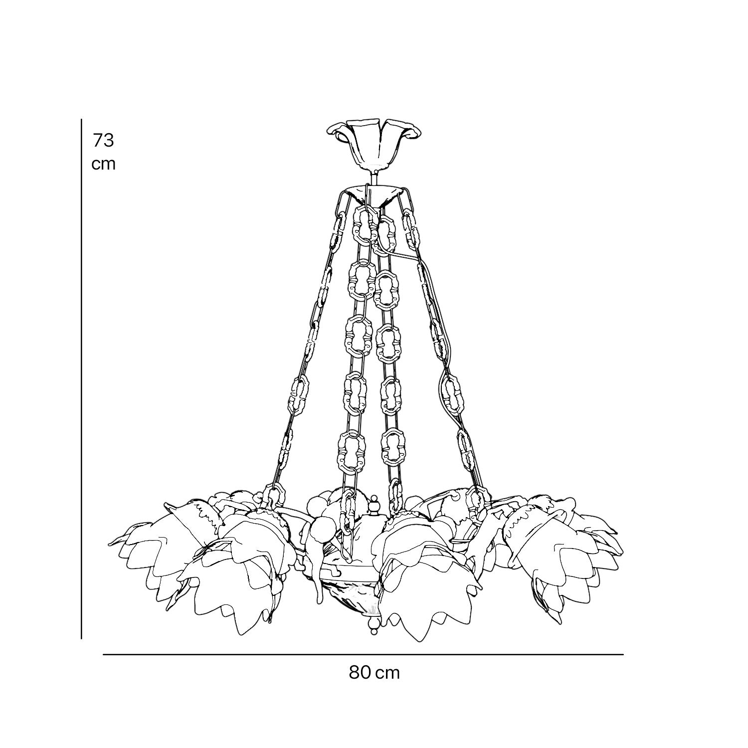 Art Nouveau chandelier with eight dancing brass putti, petal-shaped frosted glass shades, decorated chains and floral rosette by Ghidini 1849