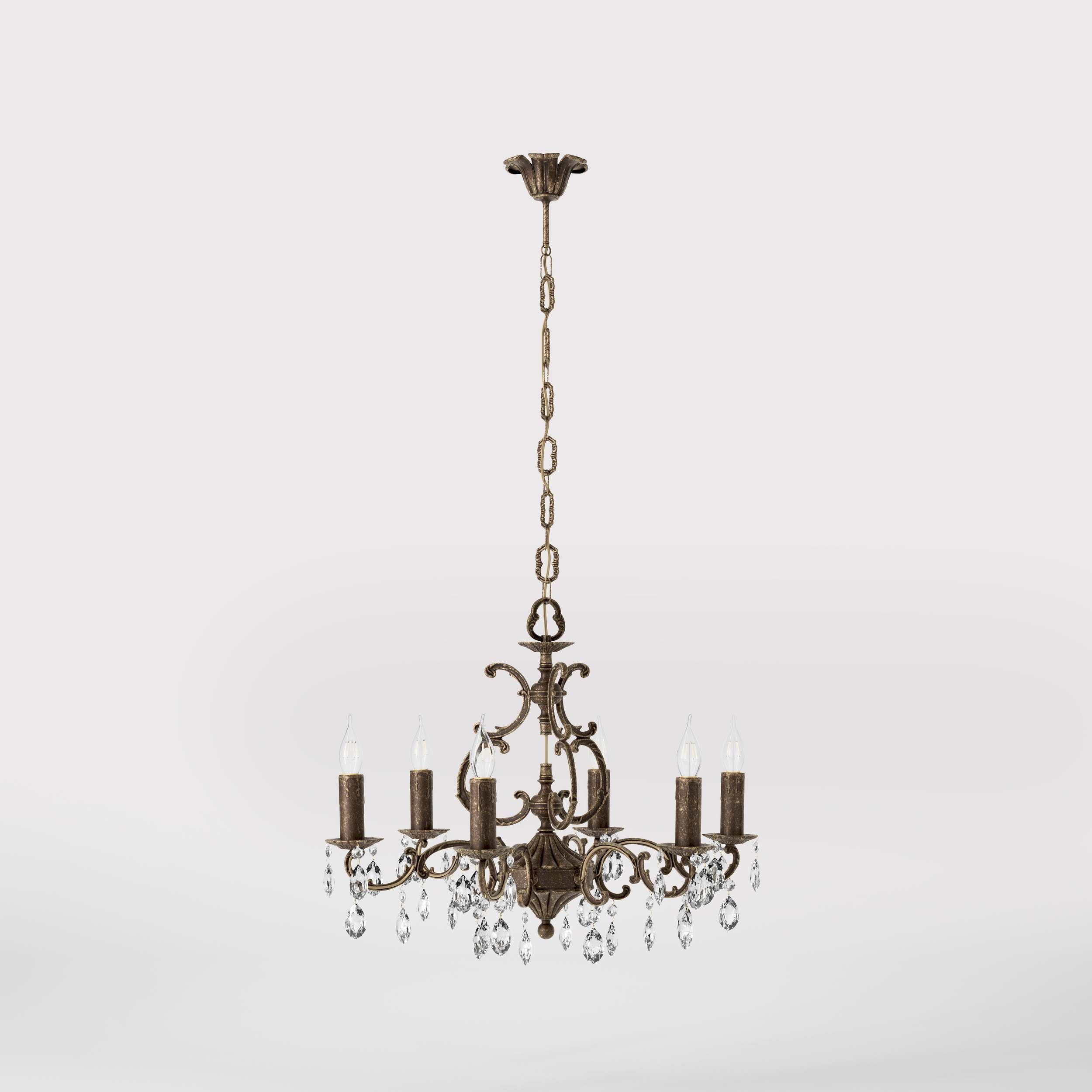 Baroque brass chandelier with six lights and crystal pendants by Ghidini 1849 - Finish: OAS Antique Brass