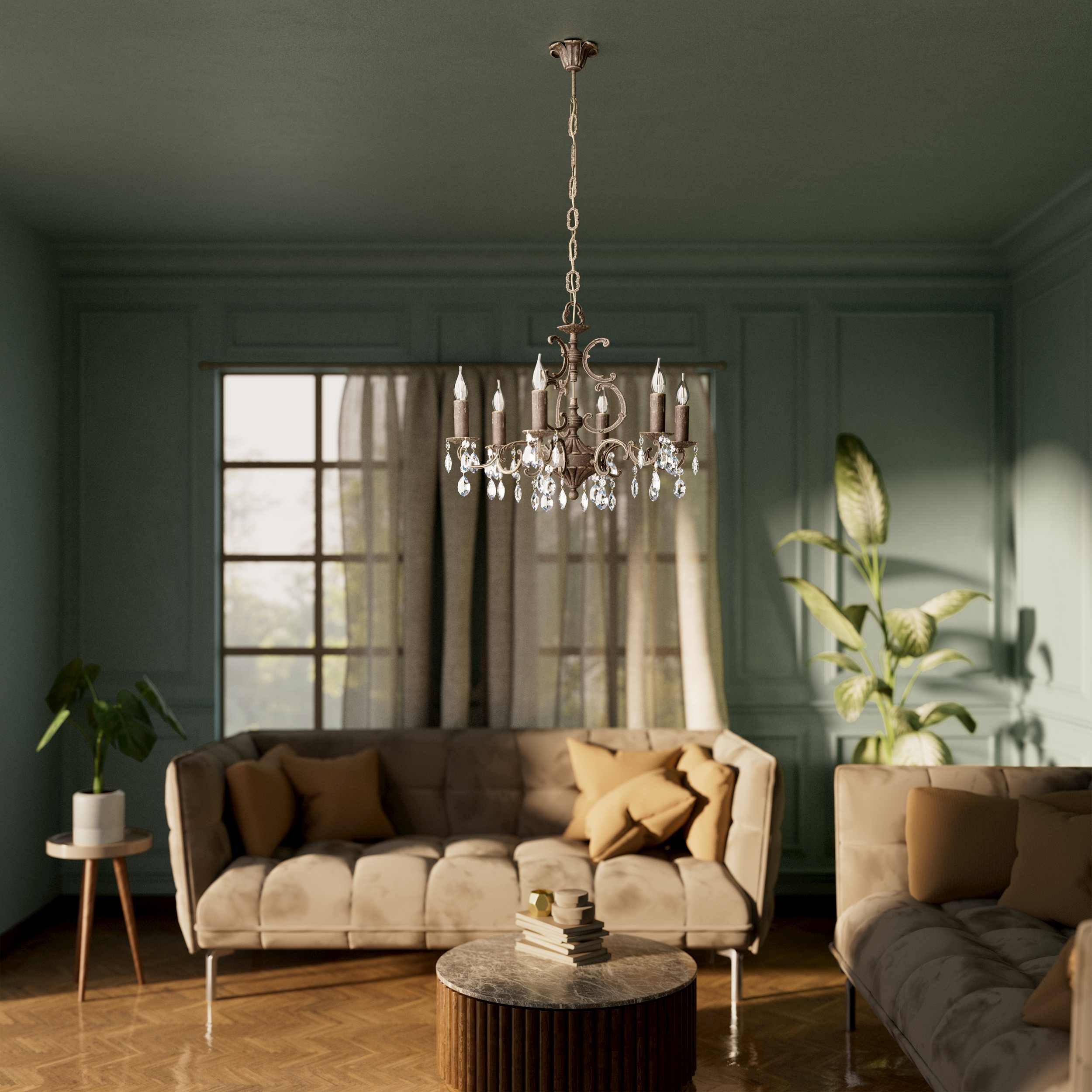 Baroque brass chandelier with six lights and crystal pendants by Ghidini 1849 - Finish: OAS Antique Brass