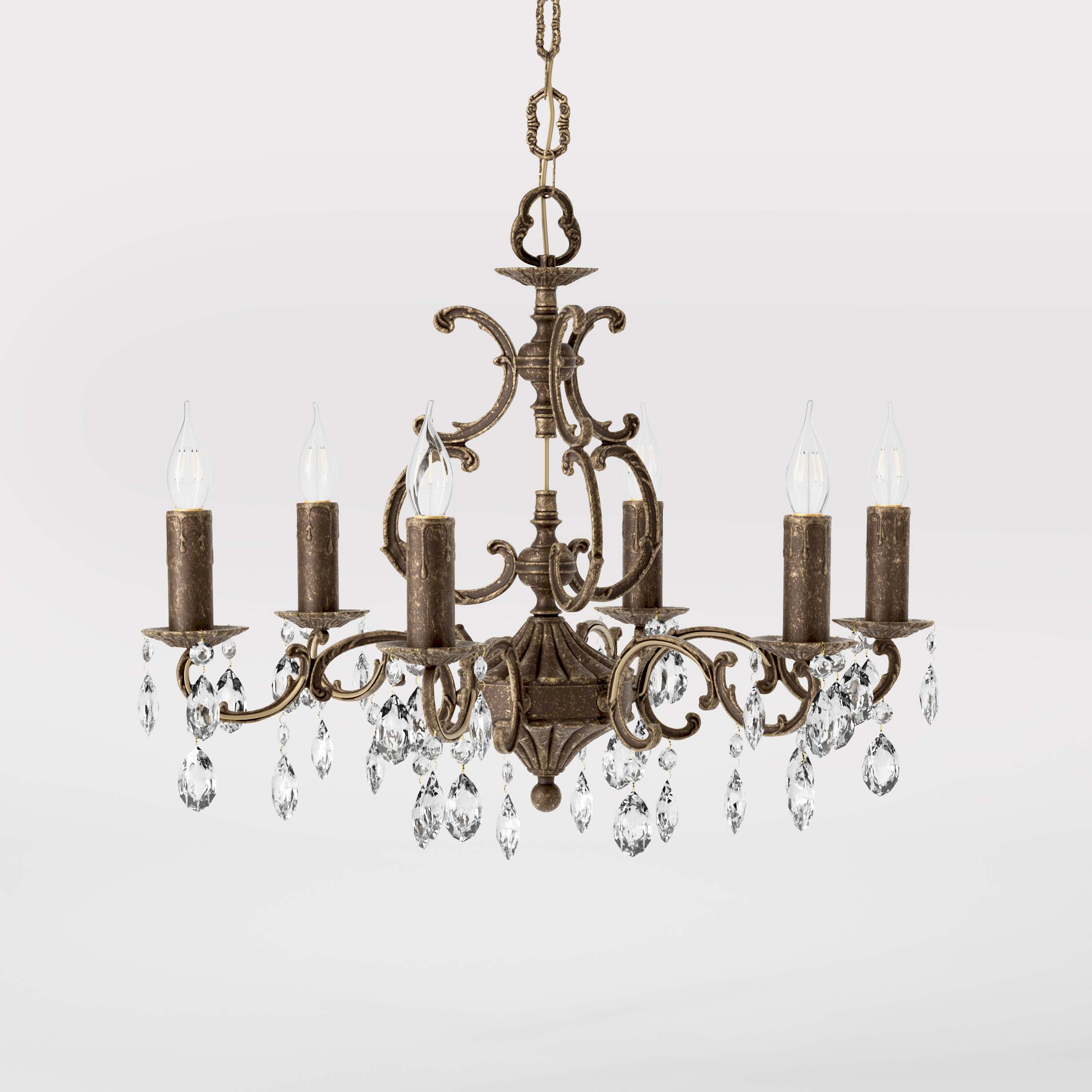 Baroque brass chandelier with six lights and crystal pendants by Ghidini 1849 - Finish: OAS Antique Brass