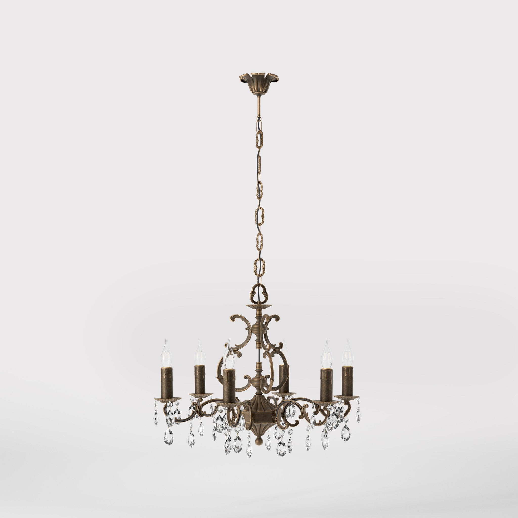 Baroque brass chandelier with six lights and crystal pendants by Ghidini 1849 - Finish: OBM Bronze Satin Matt Brass