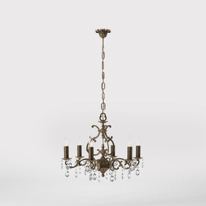 Baroque brass chandelier with six lights and crystal pendants by Ghidini 1849 - Finish: OBM Bronze Satin Matt Brass