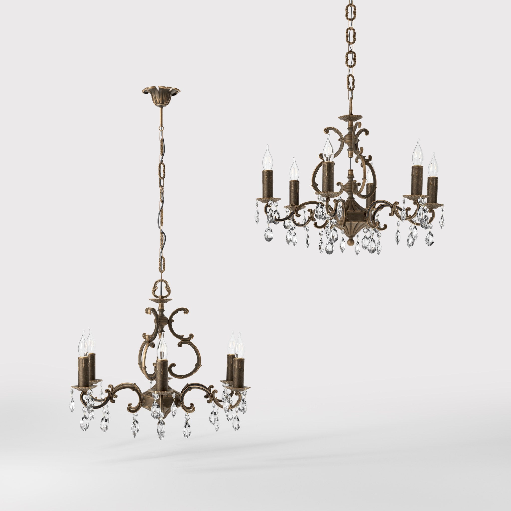 Baroque brass chandelier with six lights and crystal pendants by Ghidini 1849 - Finish: OBM Bronze Satin Matt Brass