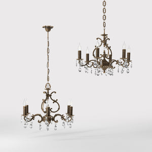 Baroque brass chandelier with six lights and crystal pendants by Ghidini 1849 - Finish: OBM Bronze Satin Matt Brass