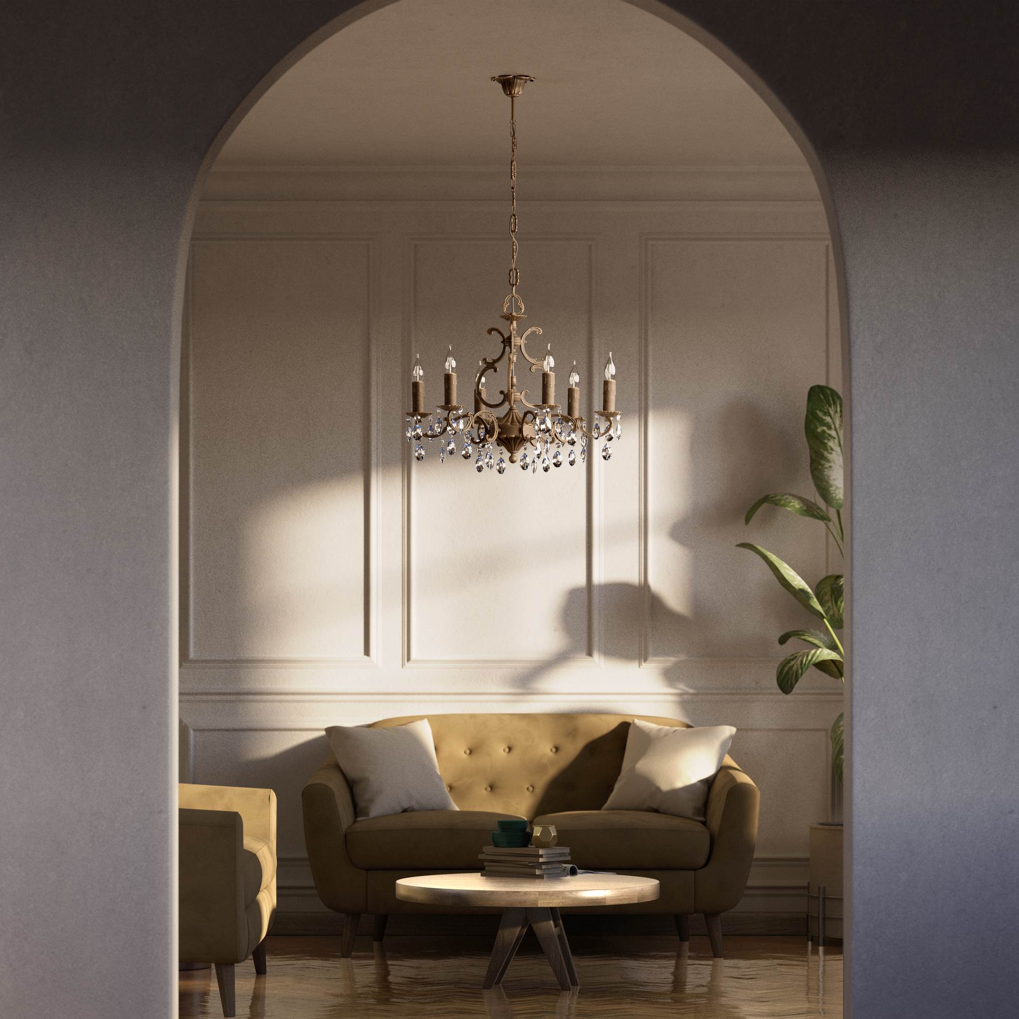 Baroque brass chandelier with six lights and crystal pendants by Ghidini 1849 - Finish: OBM Bronze Satin Matt Brass