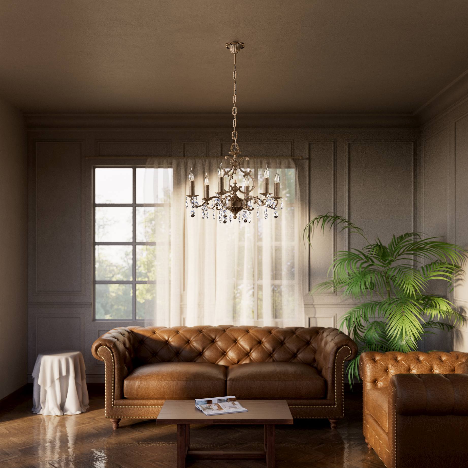 Baroque brass chandelier with six lights and crystal pendants by Ghidini 1849 - Finish: OBM Bronze Satin Matt Brass
