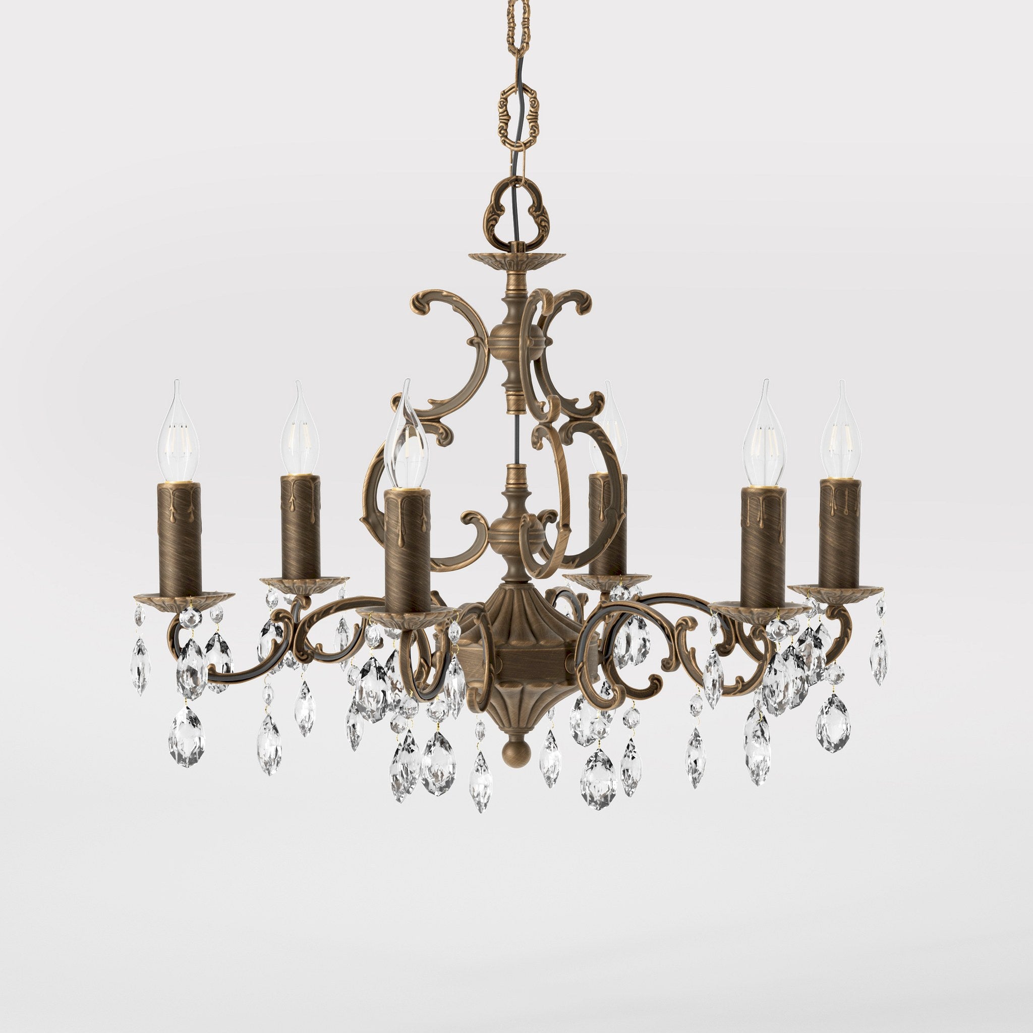 Baroque brass chandelier with six lights and crystal pendants by Ghidini 1849 - Finish: OBM Bronze Satin Matt Brass