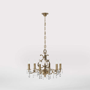 Baroque brass chandelier with six lights and crystal pendants by Ghidini 1849 - Finish: OBS Bronze Satin Brass