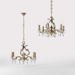 Baroque brass chandelier with six lights and crystal pendants by Ghidini 1849 - Finish: OBS Bronze Satin Brass
