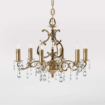 Baroque brass chandelier with six lights and crystal pendants by Ghidini 1849 - Finish: OBS Bronze Satin Brass