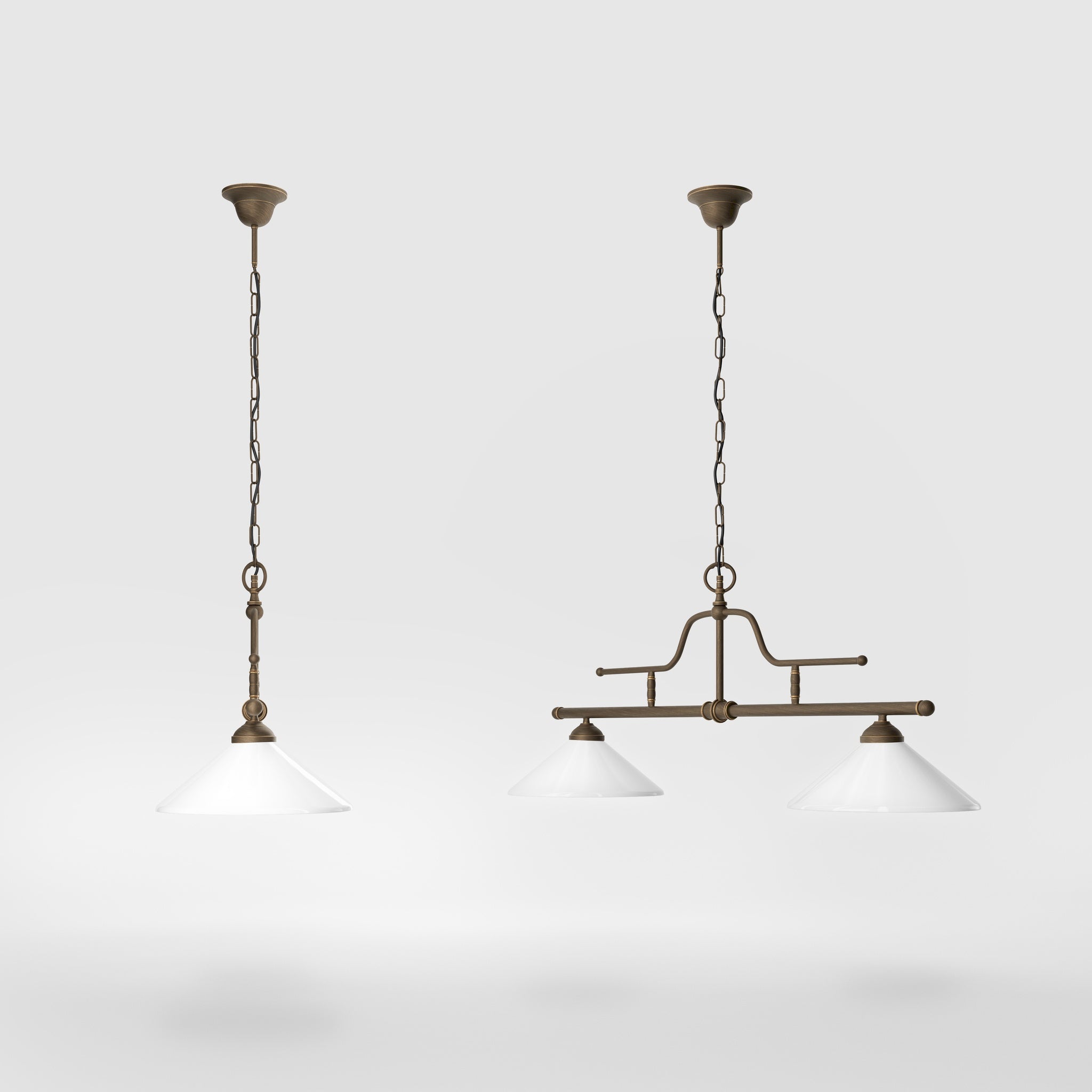  Brass pendant light with dual glossy white conical shades, classic-industrial style by Ghidini 1849 - Finish: OBM Bronze Satin Matt Brass