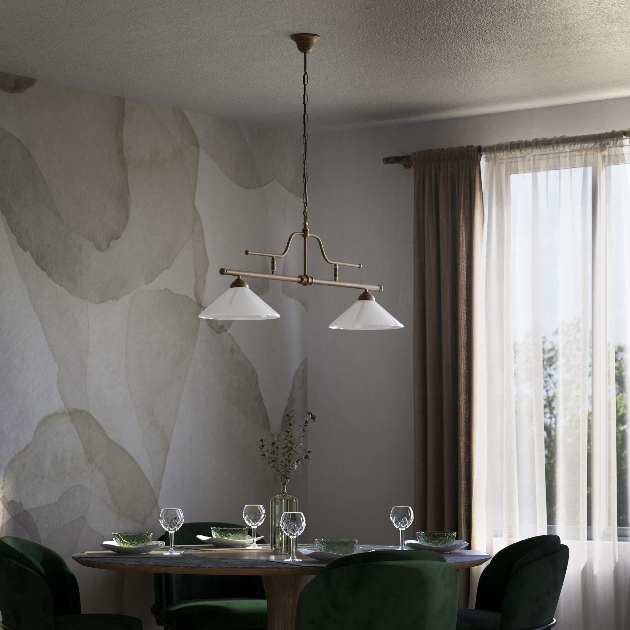  Brass pendant light with dual glossy white conical shades, classic-industrial style by Ghidini 1849 - Finish: OBM Bronze Satin Matt Brass