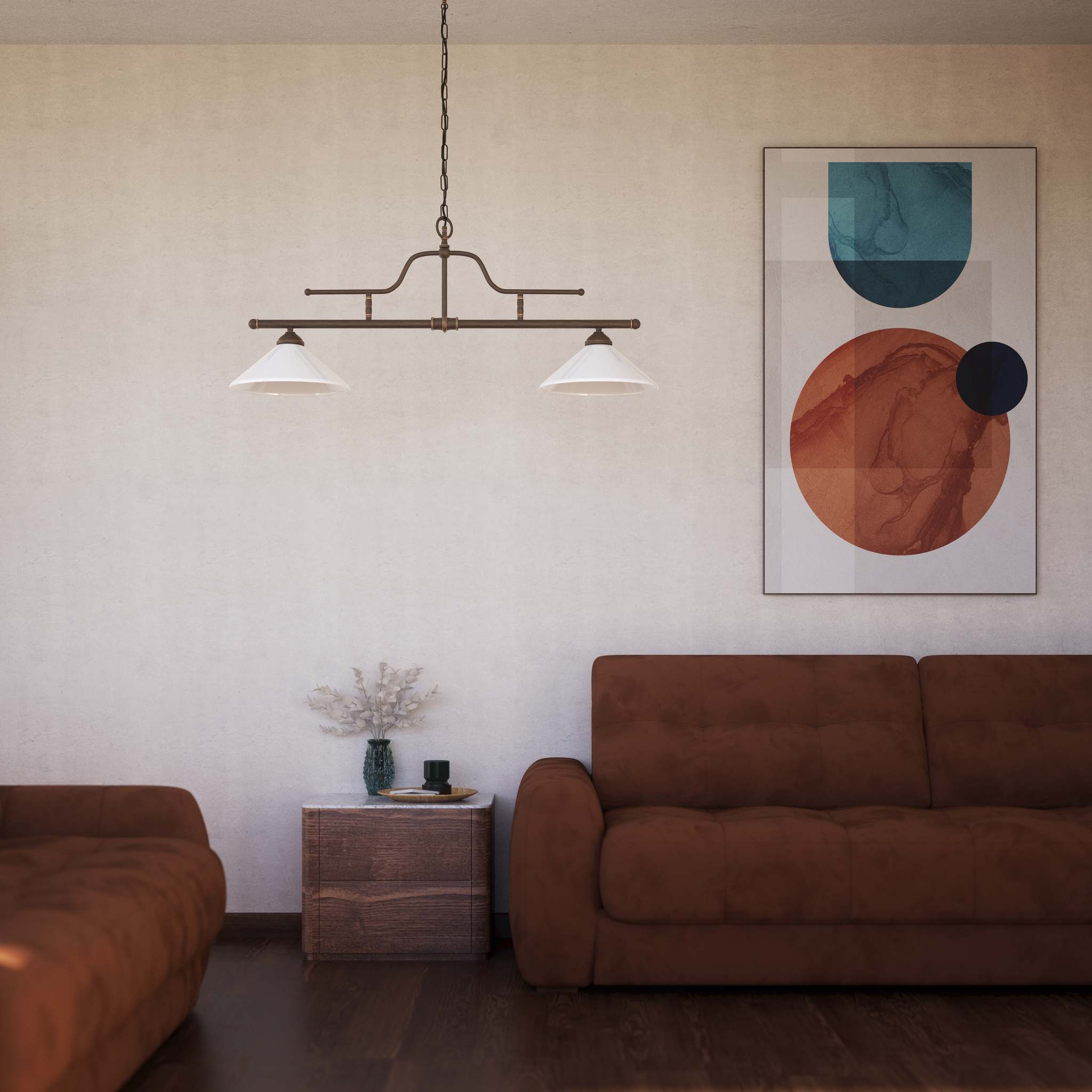  Brass pendant light with dual glossy white conical shades, classic-industrial style by Ghidini 1849 - Finish: OBM Bronze Satin Matt Brass