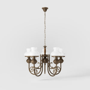 Nautical style chandelier five lights with white glass shades brass structure and maritime-inspired details by Ghidini 1849 - Finish: OAS Antique Brass