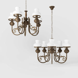 Nautical style chandelier five lights with white glass shades brass structure and maritime-inspired details by Ghidini 1849 - Finish: OAS Antique Brass