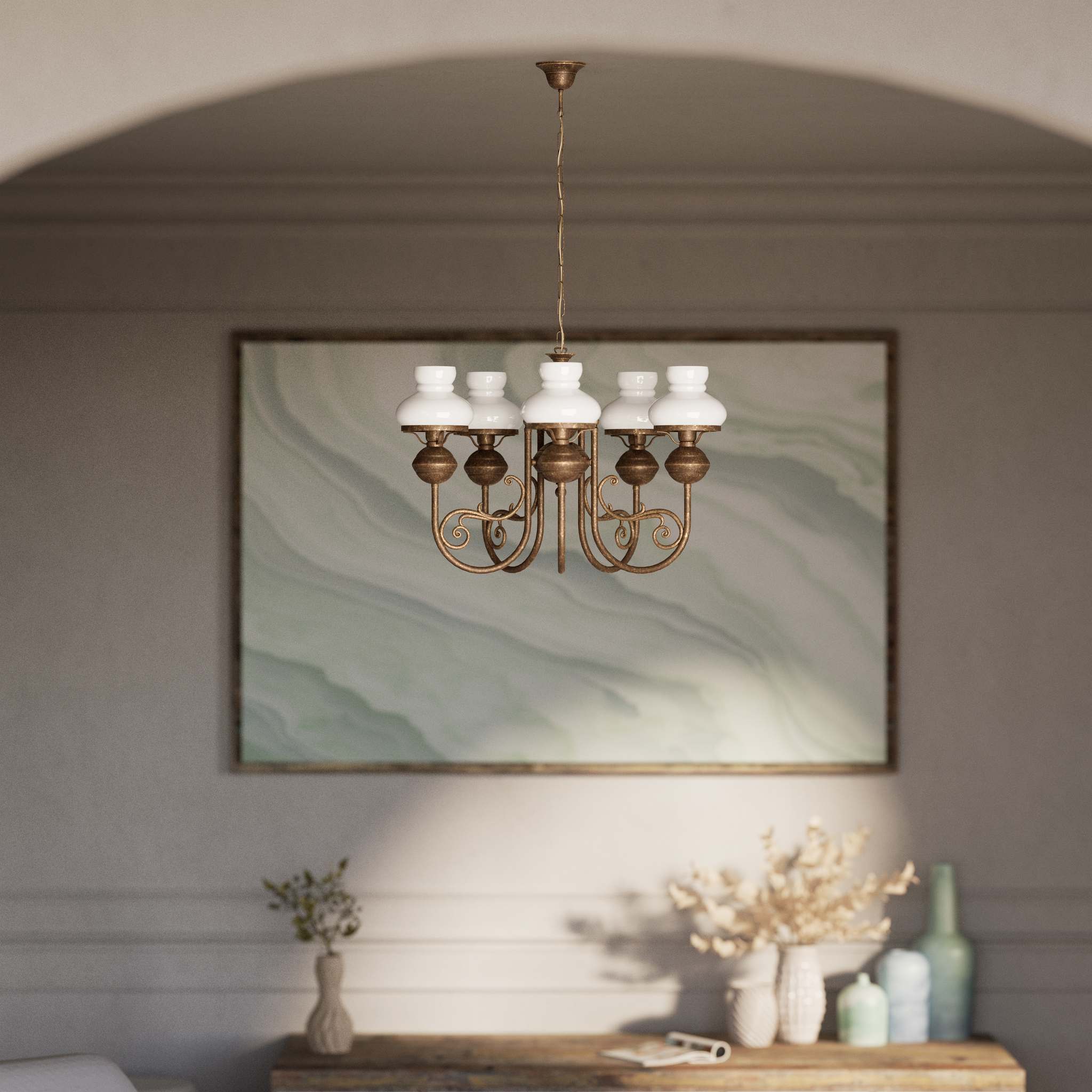 Nautical style chandelier five lights with white glass shades brass structure and maritime-inspired details by Ghidini 1849 - Finish: OAS Antique Brass