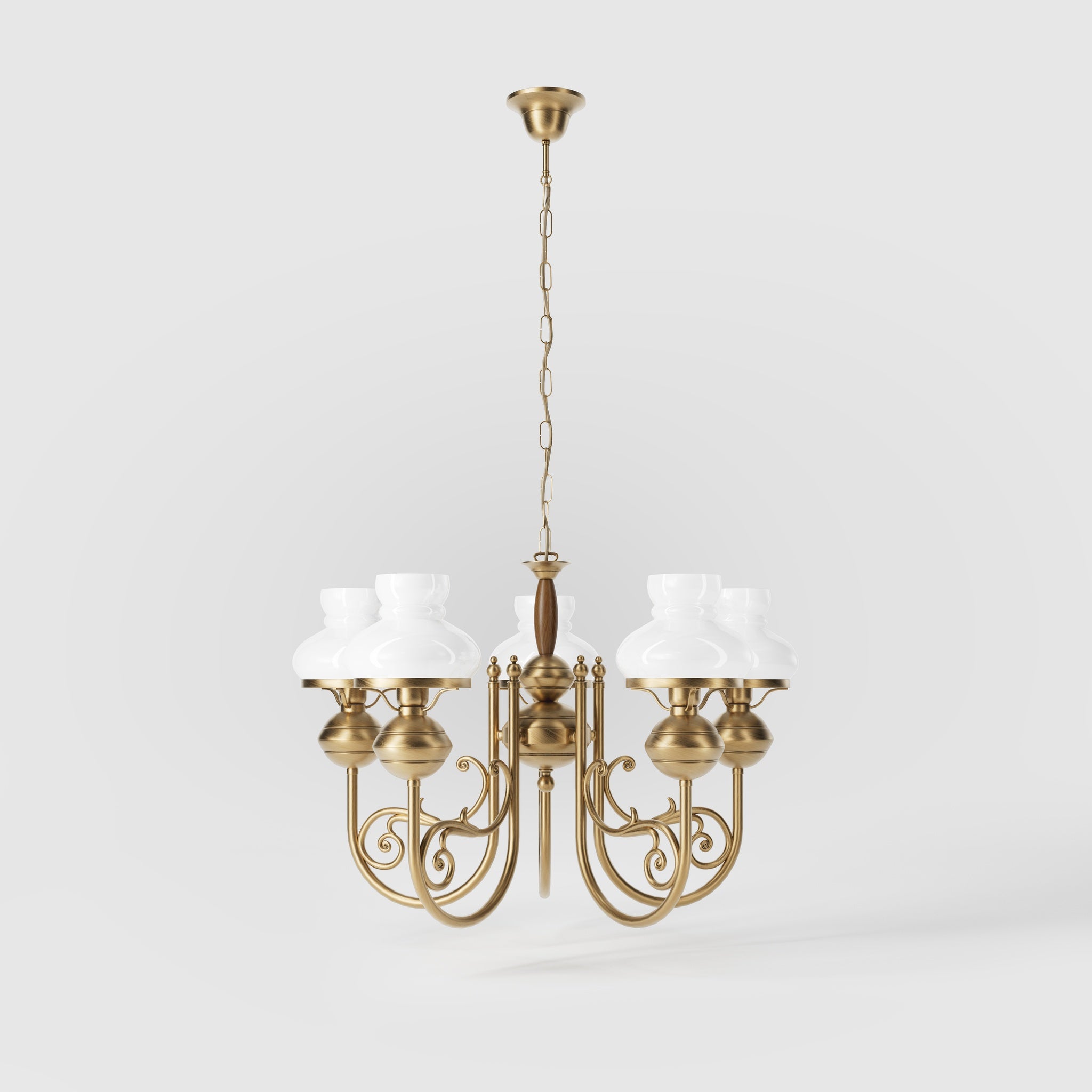 Nautical style chandelier five lights with white glass shades brass structure and maritime-inspired details by Ghidini 1849 - Finish: OBS Bronze Satin Brass