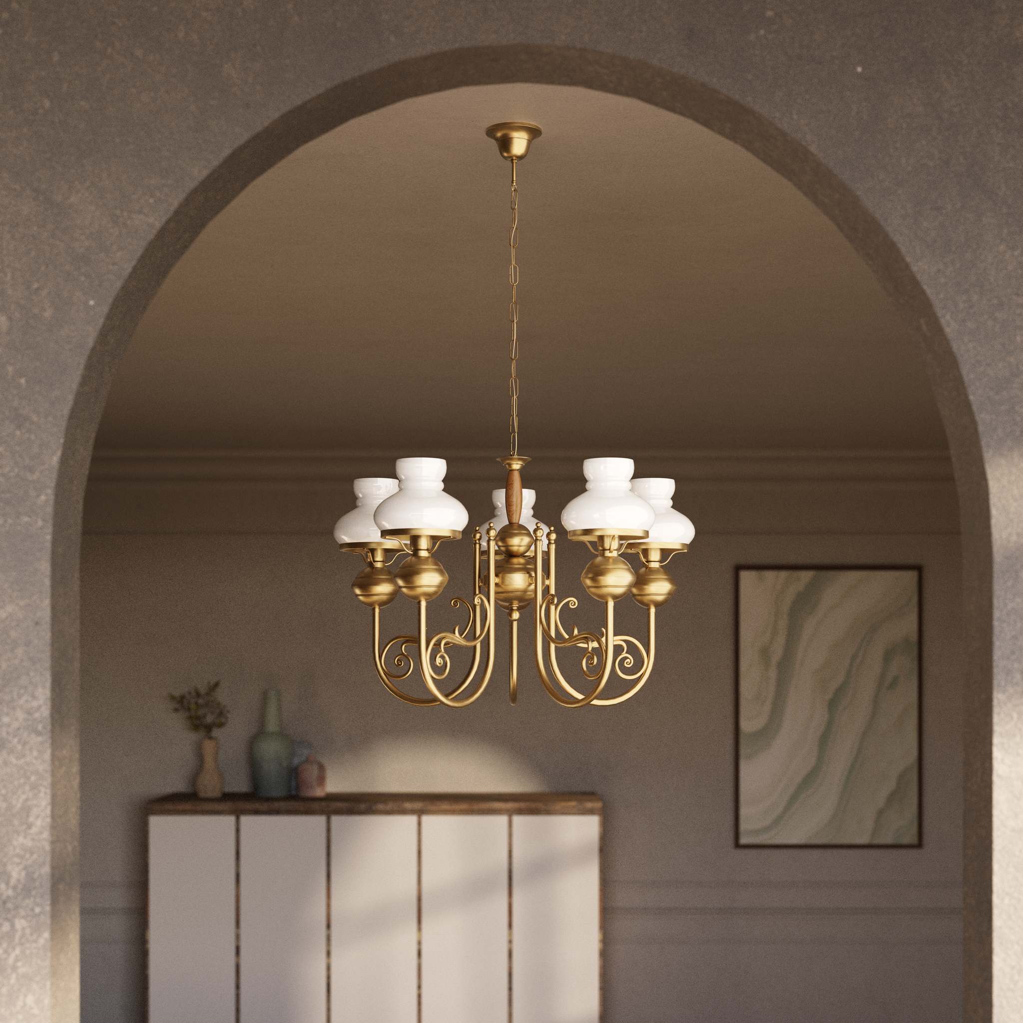 Nautical style chandelier five lights with white glass shades brass structure and maritime-inspired details by Ghidini 1849 - Finish: OBS Bronze Satin Brass