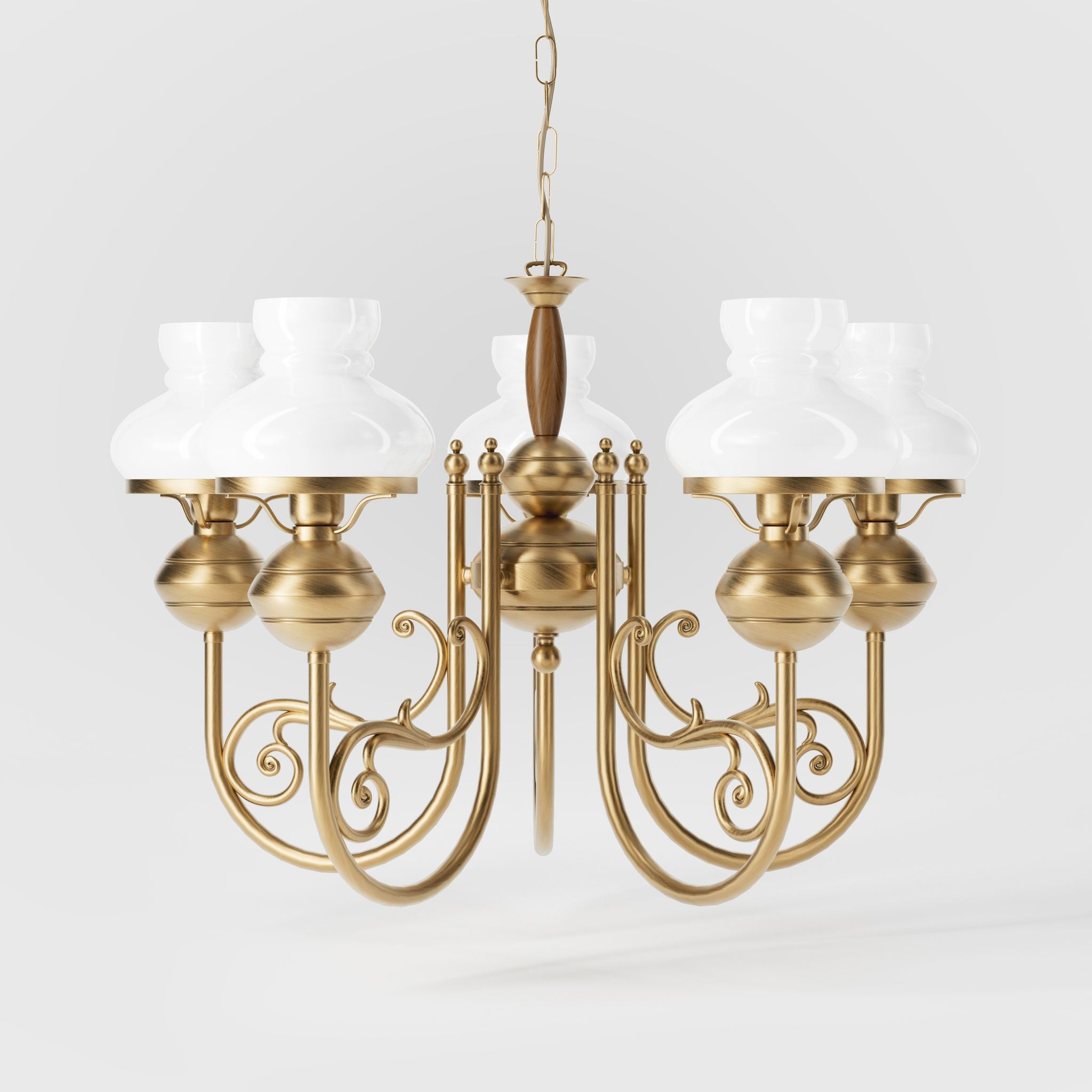 Nautical style chandelier five lights with white glass shades brass structure and maritime-inspired details by Ghidini 1849 - Finish: OBS Bronze Satin Brass