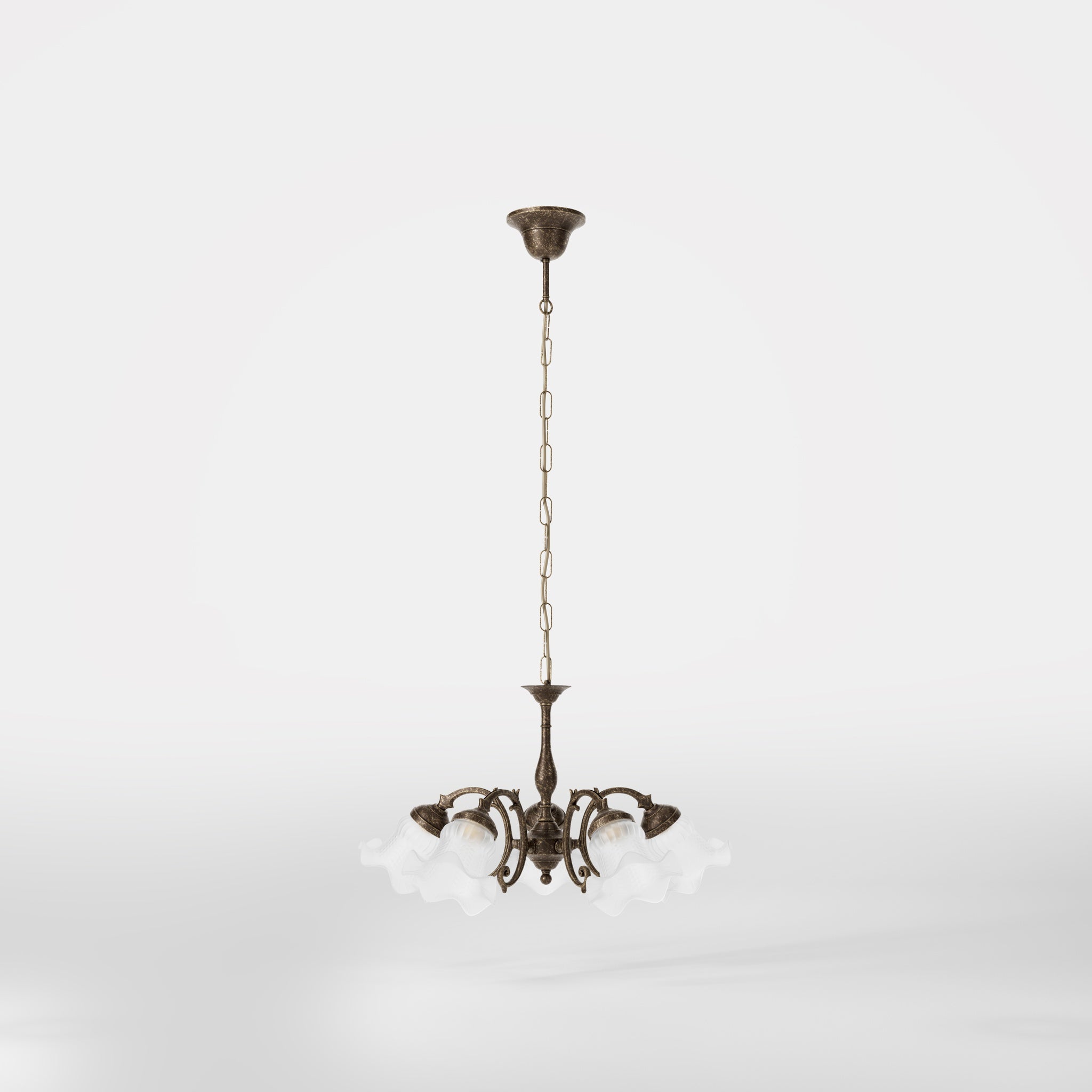 Brass floral chandelier with frosted glass shades and curved arms by Ghidini 1849 - Finish: Finish: OAS Antique Brass