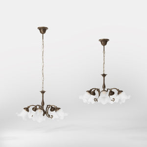 Brass floral chandelier with frosted glass shades and curved arms by Ghidini 1849 - Finish: Finish: OAS Antique Brass