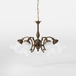 Brass floral chandelier with frosted glass shades and curved arms by Ghidini 1849 - Finish: Finish: OAS Antique Brass