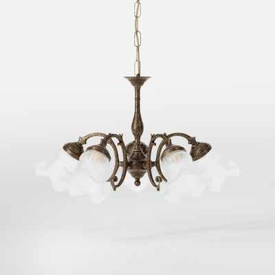 Brass floral chandelier with frosted glass shades and curved arms by Ghidini 1849 - Finish: Finish: OAS Antique Brass