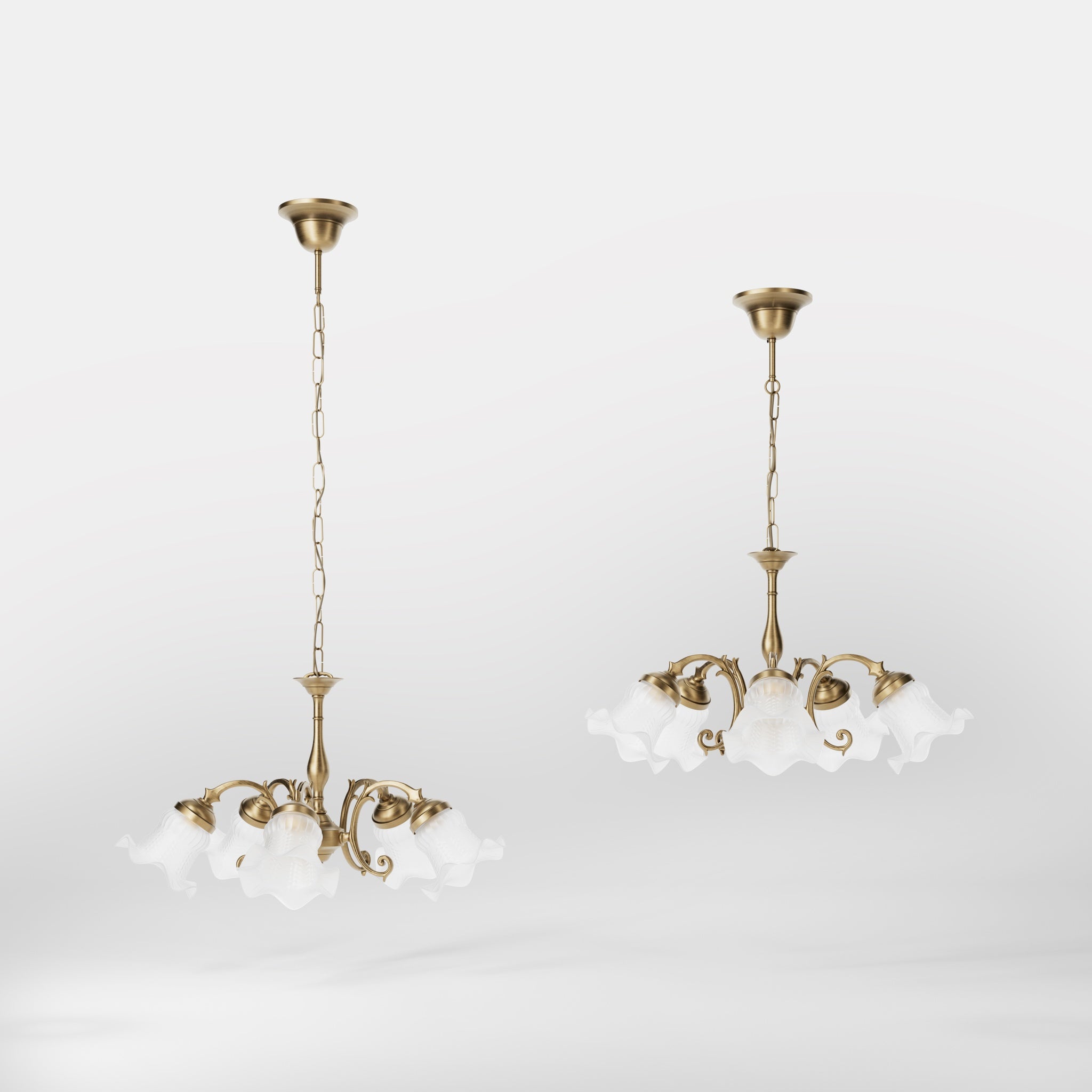 Brass floral chandelier with frosted glass shades and curved arms by Ghidini 1849 - Finish: Finish: OBS Bronze Satin Brass