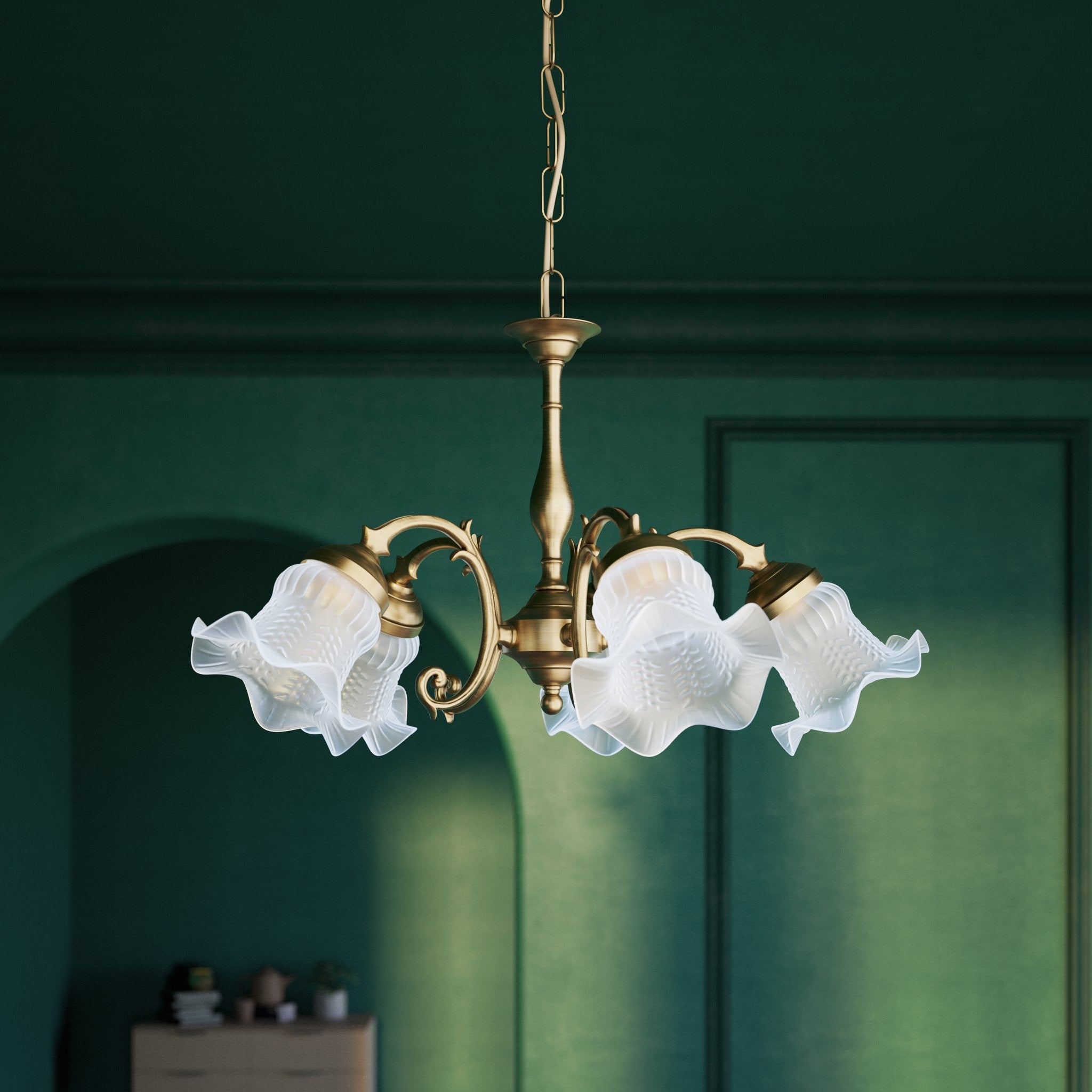 Brass floral chandelier with frosted glass shades and curved arms by Ghidini 1849 - Finish: Finish: OBS Bronze Satin Brass