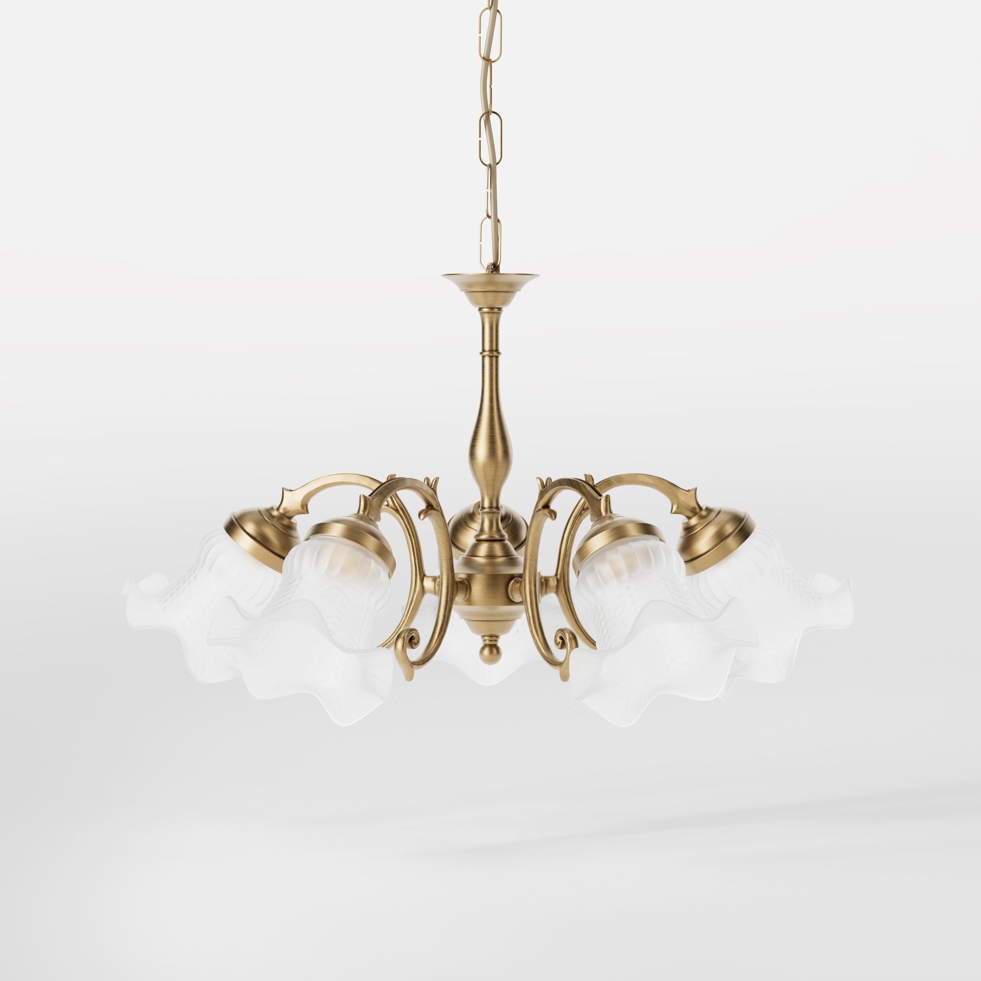 Brass floral chandelier with frosted glass shades and curved arms by Ghidini 1849 - Finish: Finish: OBS Bronze Satin Brass