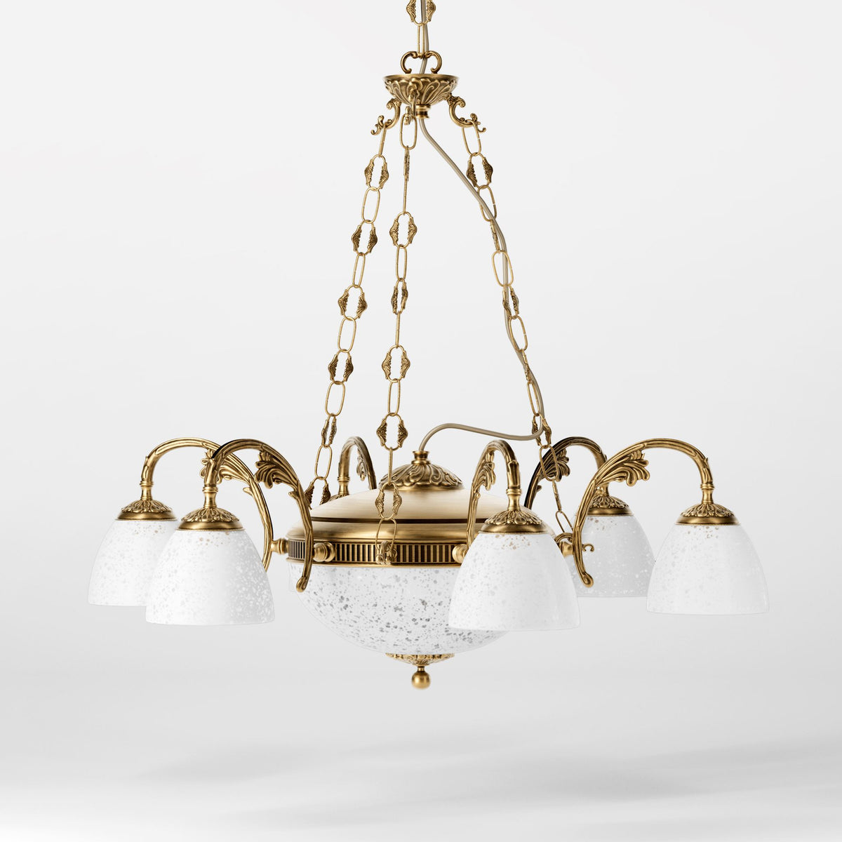 Classic Brass Chandelier with Six Arms and White Glass - OBS Bronze Satin Brass