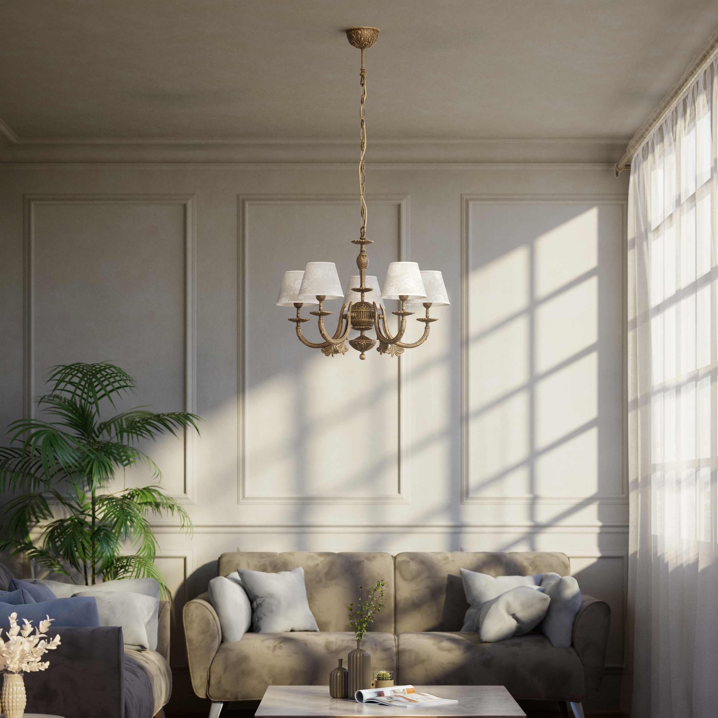 Classic brass chandelier with five arms and white fabric shades decorated with floral patterns adjustable chain traditional style - Finish: OAS Antique Brass