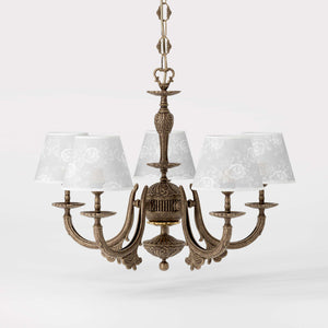Classic brass chandelier with five arms and white fabric shades decorated with floral patterns adjustable chain traditional style - Finish: OAS Antique Brass
