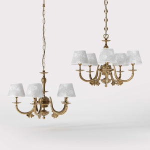 Classic brass chandelier with five arms and white fabric shades decorated with floral patterns adjustable chain traditional style - Finish: OBS Bronze Satin Brass