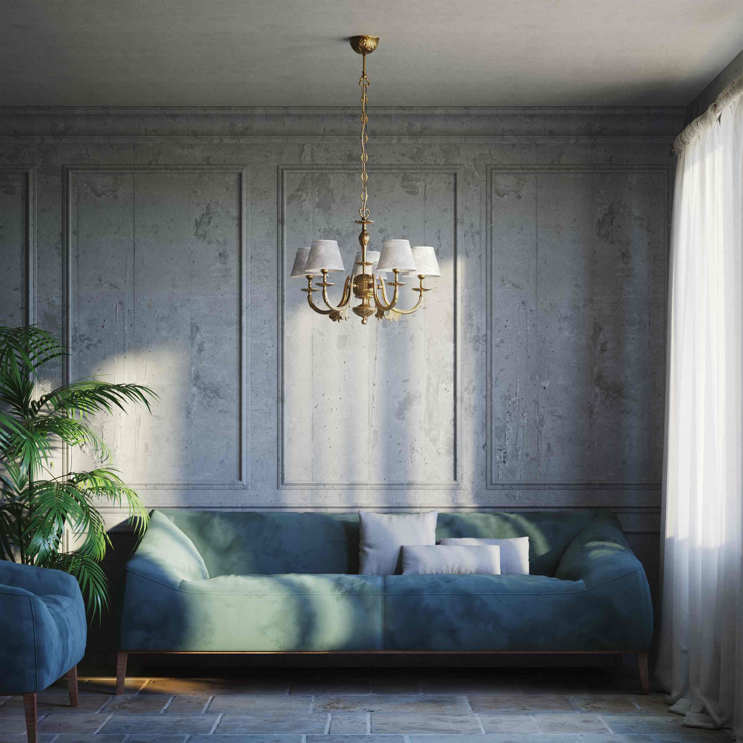 Classic brass chandelier with five arms and white fabric shades decorated with floral patterns adjustable chain traditional style - Finish: OBS Bronze Satin Brass