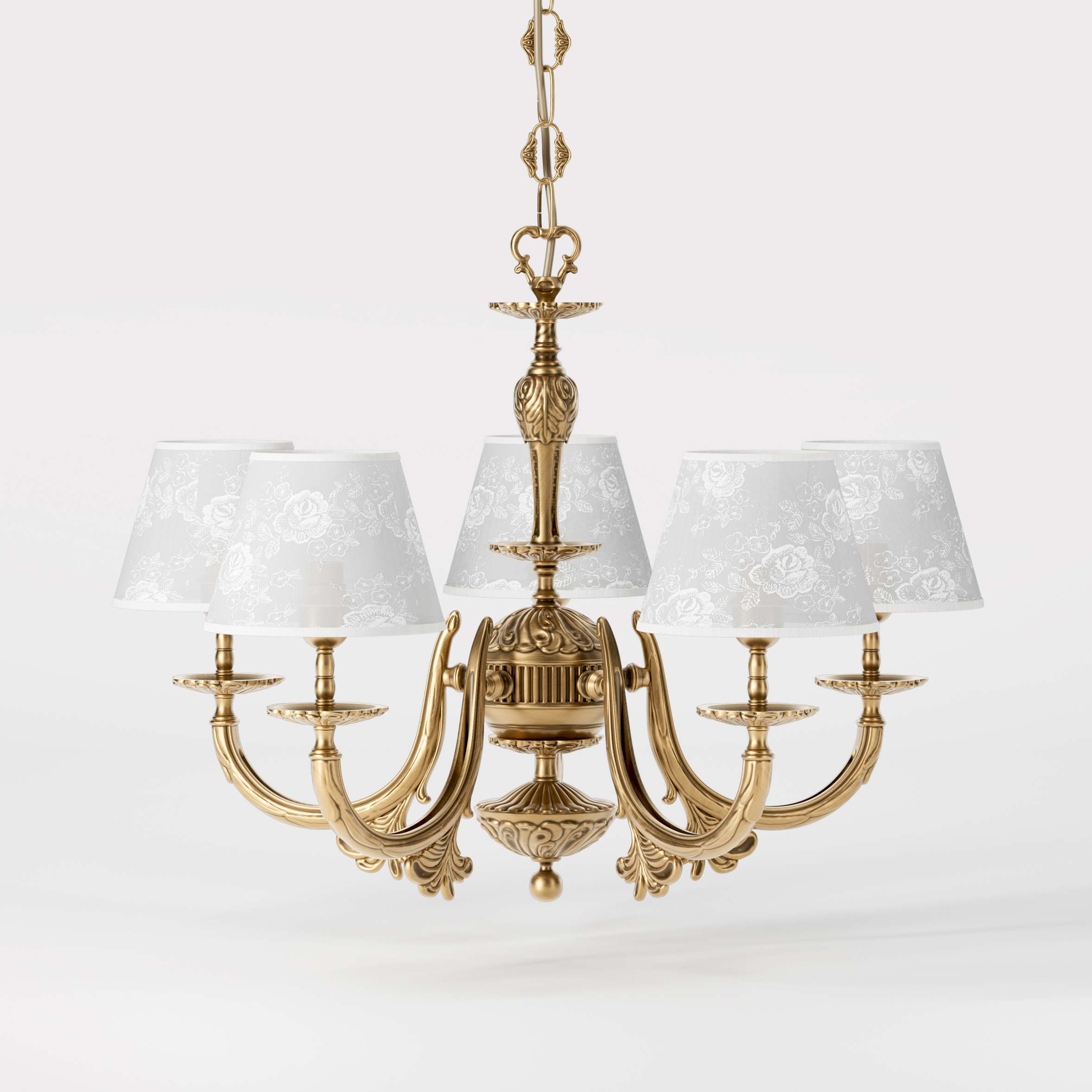 Classic brass chandelier with five arms and white fabric shades decorated with floral patterns adjustable chain traditional style - Finish: OBS Bronze Satin Brass