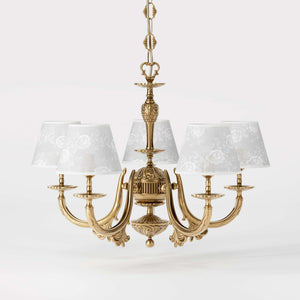 Classic brass chandelier with five arms and white fabric shades decorated with floral patterns adjustable chain traditional style - Finish: OBS Bronze Satin Brass