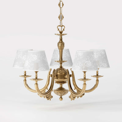 Classic brass chandelier with five arms and white fabric shades decorated with floral patterns adjustable chain traditional style - Finish: OBS Bronze Satin Brass