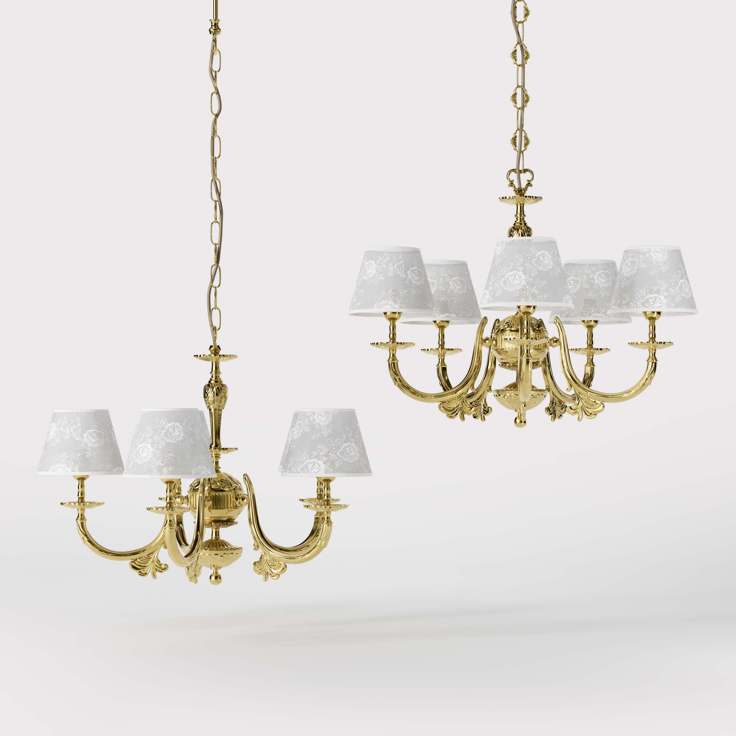 Classic brass chandelier with five arms and white fabric shades decorated with floral patterns adjustable chain traditional style - Finish: OLV Polished Brass