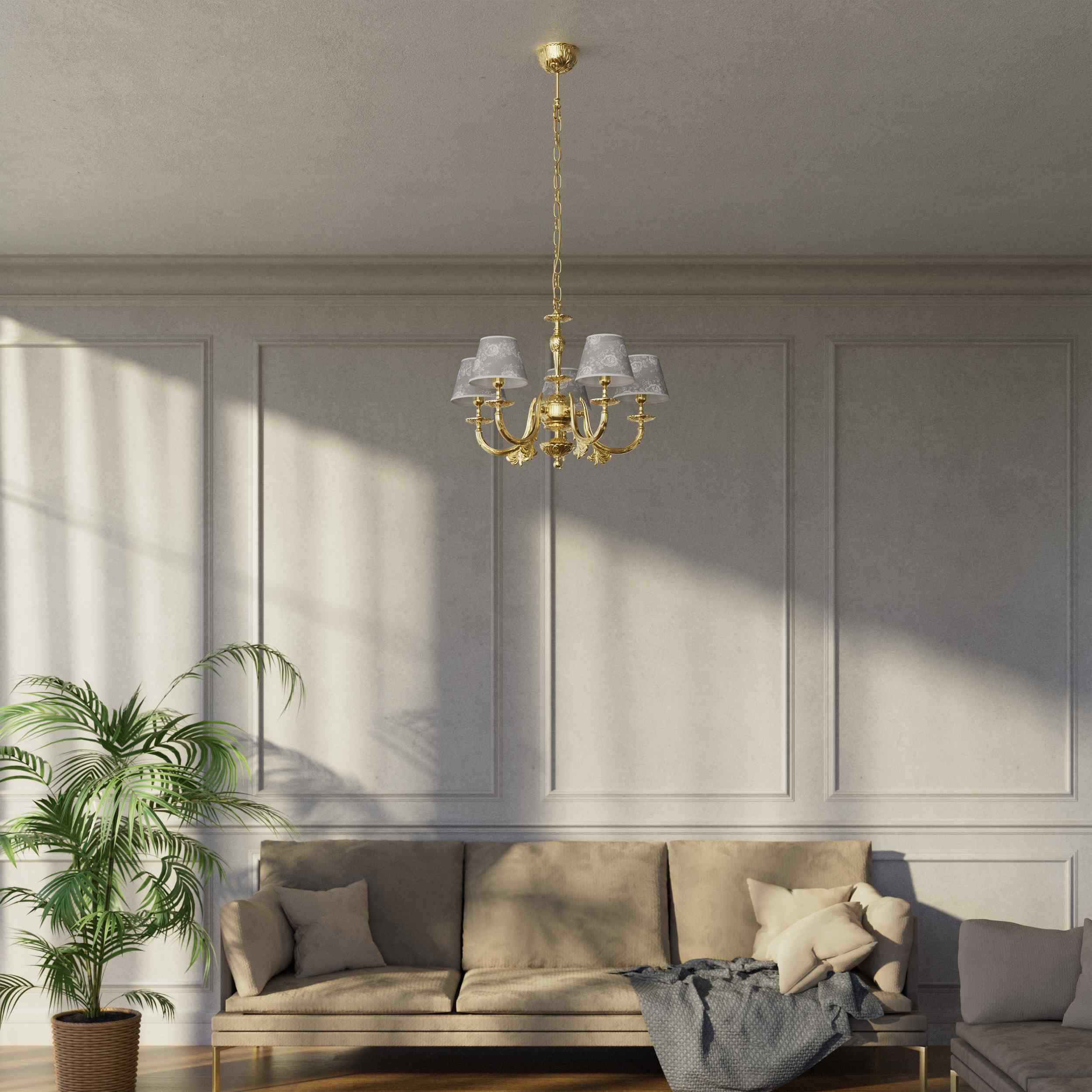 Classic brass chandelier with five arms and white fabric shades decorated with floral patterns adjustable chain traditional style - Finish: OLV Polished Brass