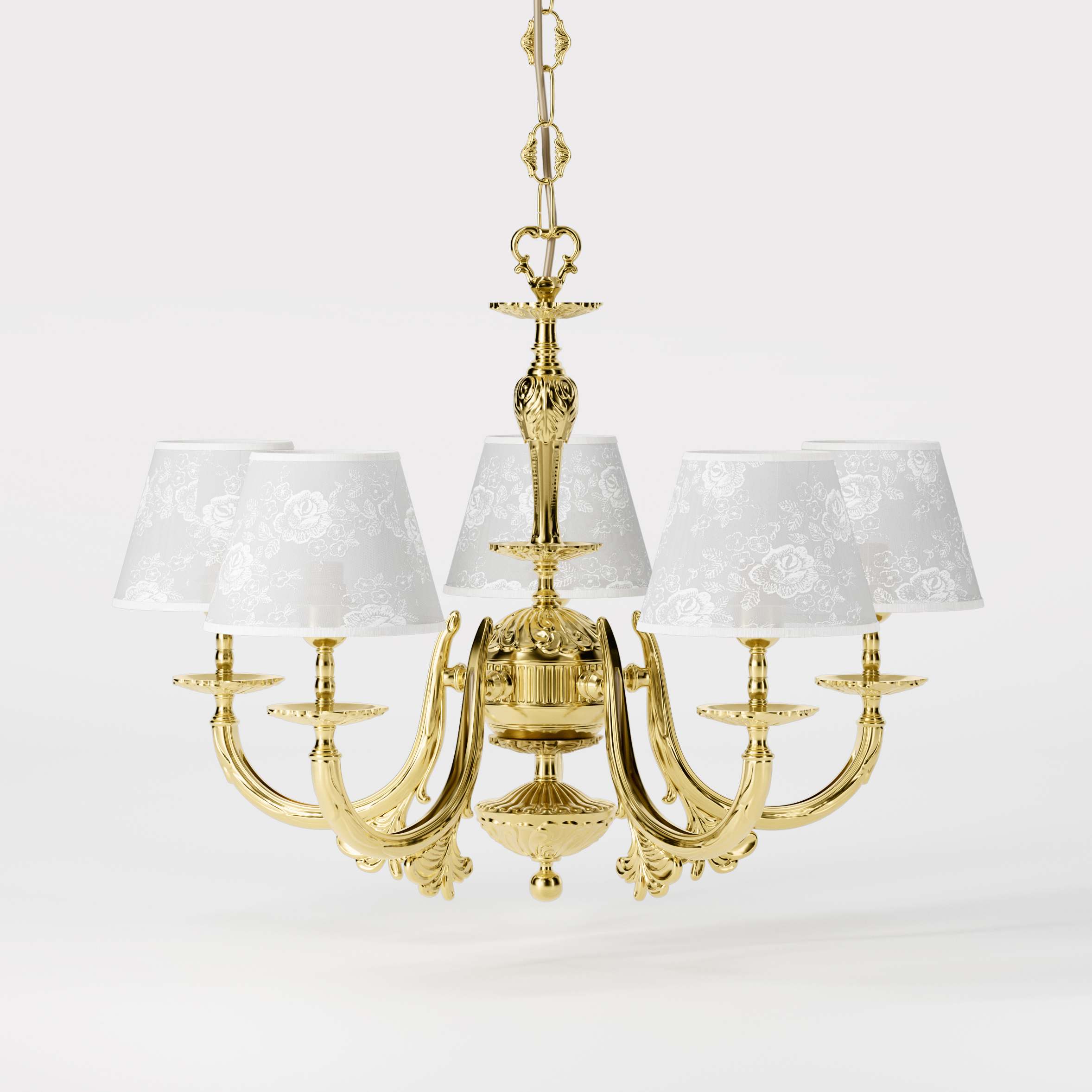 Classic brass chandelier with five arms and white fabric shades decorated with floral patterns adjustable chain traditional style - Finish: OLV Polished Brass