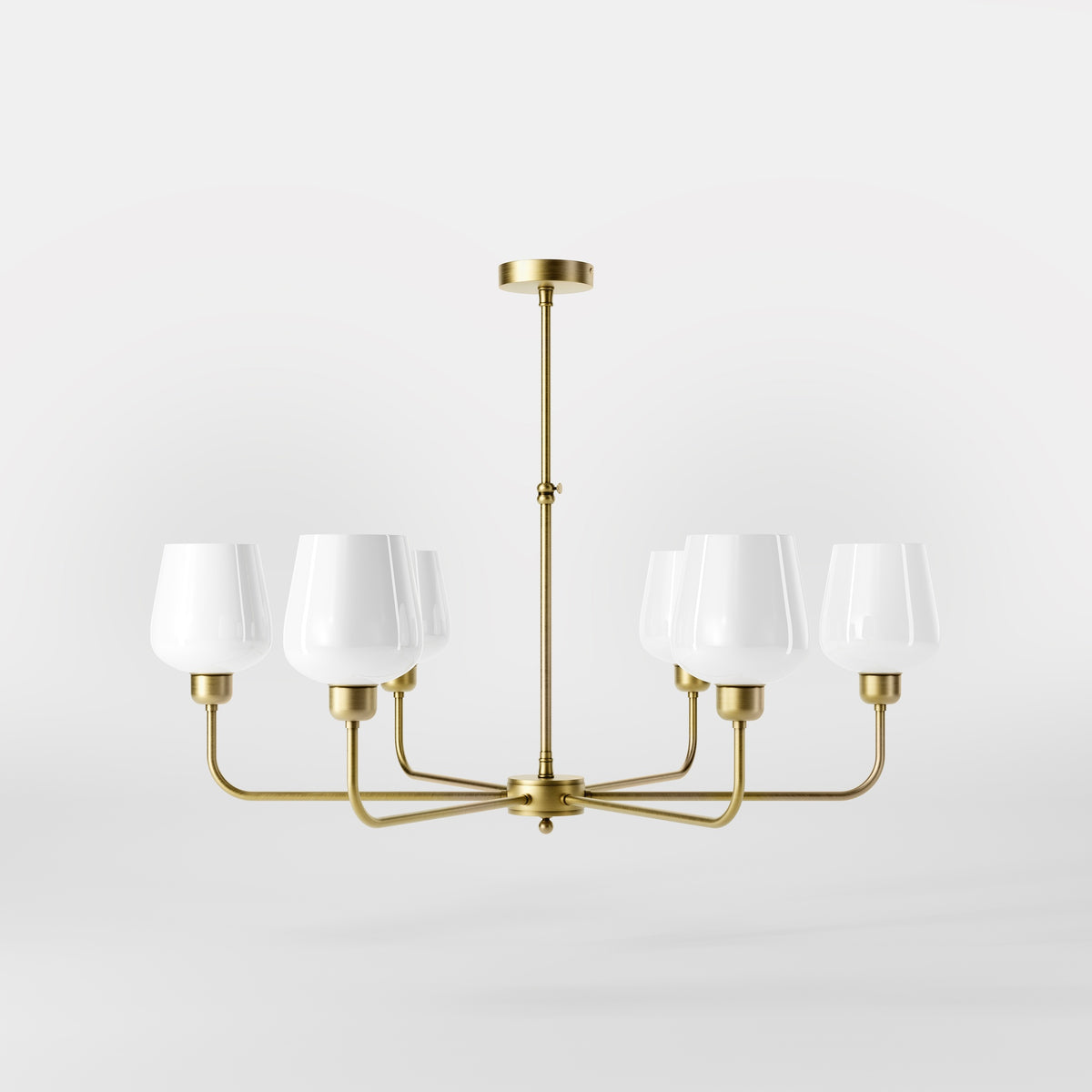Lampadario in Ottone con 6 Paralumi in Vetro Bianco - OBV Bronzo Satinato Chiaro