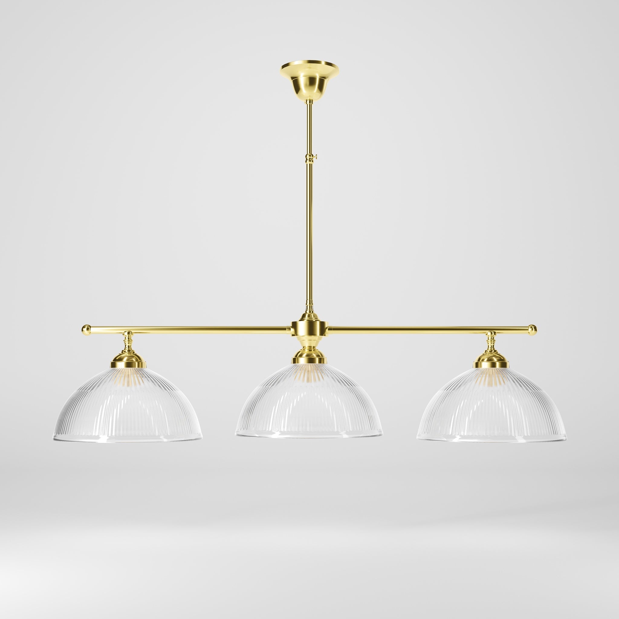 Brass chandelier with three ribbed glass shades, classic and adjustable design for sophisticated interiors by Ghidini 1849 - Finish: OLV Polished Brass