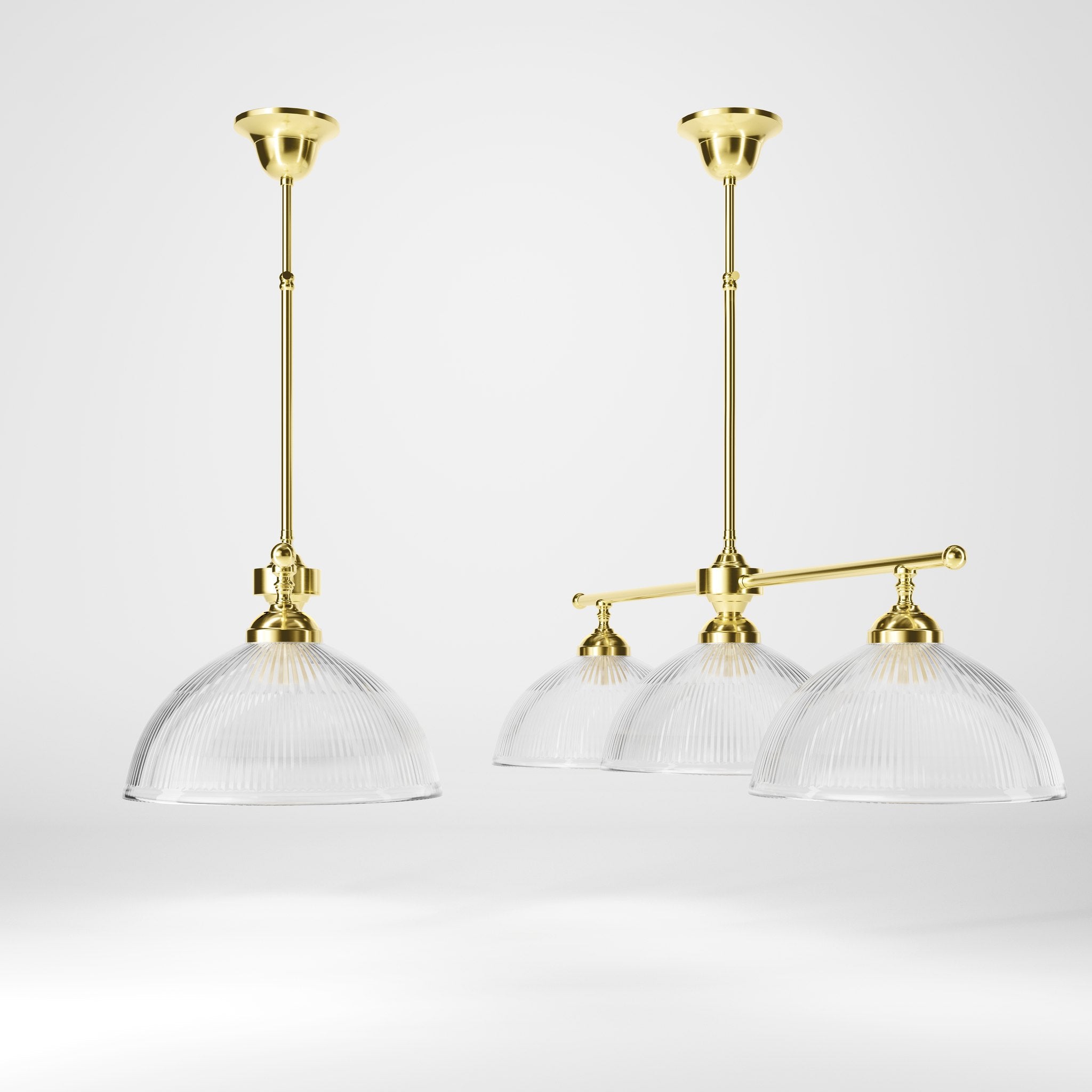 Brass chandelier with three ribbed glass shades, classic and adjustable design for sophisticated interiors by Ghidini 1849 - Finish: OLV Polished Brass