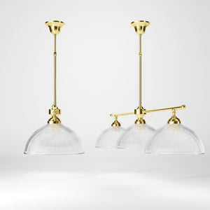 Brass chandelier with three ribbed glass shades, classic and adjustable design for sophisticated interiors by Ghidini 1849 - Finish: OLV Polished Brass